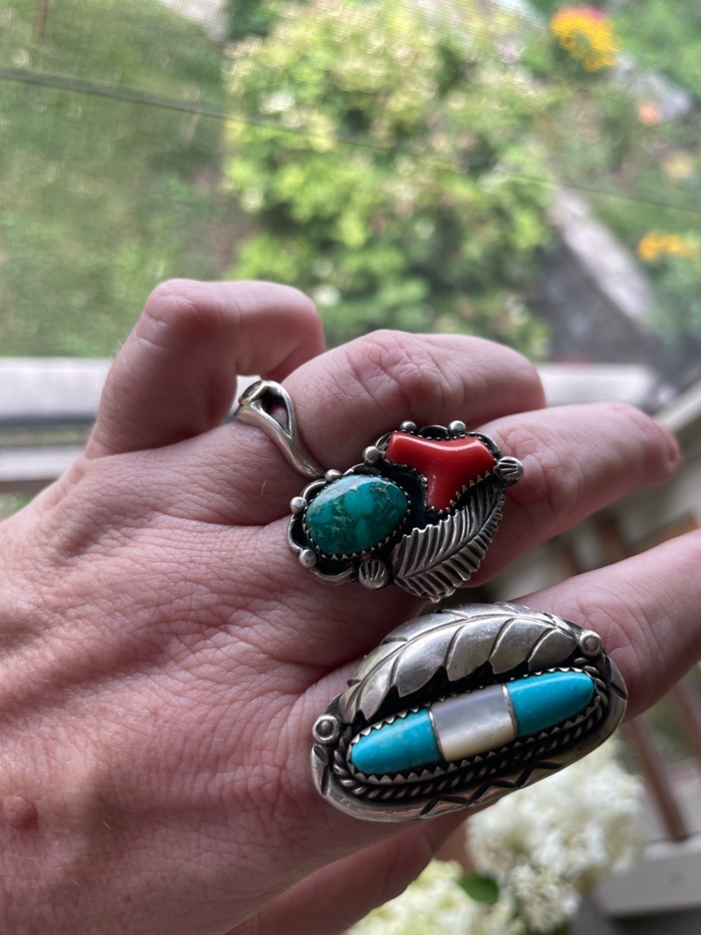 Vintage Sterling Silver Turquoise and Red Coral Ring size 7